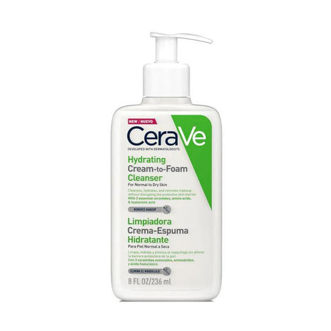 CeraVe Hydrating Cream-To-Foam Cleanser for normal to dry skin, 236ml, showing the cleanser's bottle with label details.
