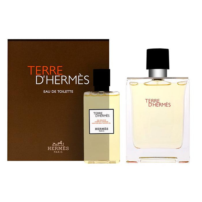 Hermès Terre D´Hermes Eau De Toilette spray 100ml set with two bottles, showcasing the iconic fragrance packaging.
