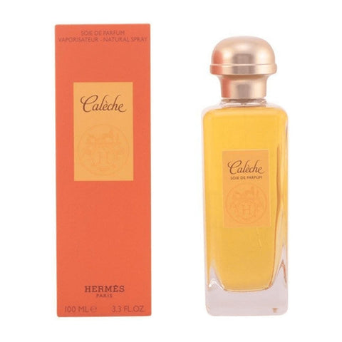 Hermès Caleche Soie De Parfum 100ml spray bottle, elegant fragrance with a sleek design, displayed with the product label visible.