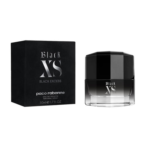 Paco Rabanne Black XS Eau De Toilette spray 50ml bottle displayed with sleek black packaging and silver accents.