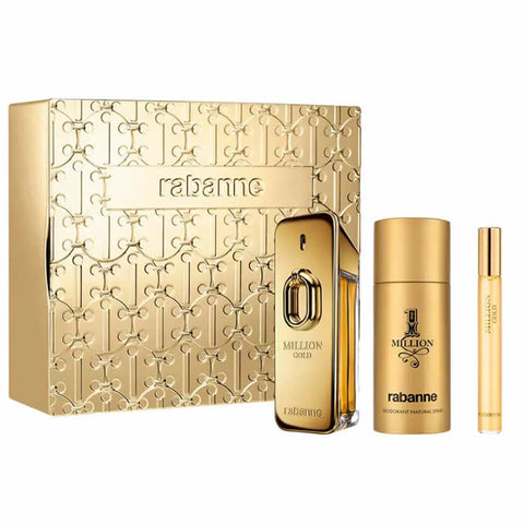 Set of three Rabanne Million Gold Eau de Parfum Intense sprays in 100ml bottles with gold accents, displayed together.