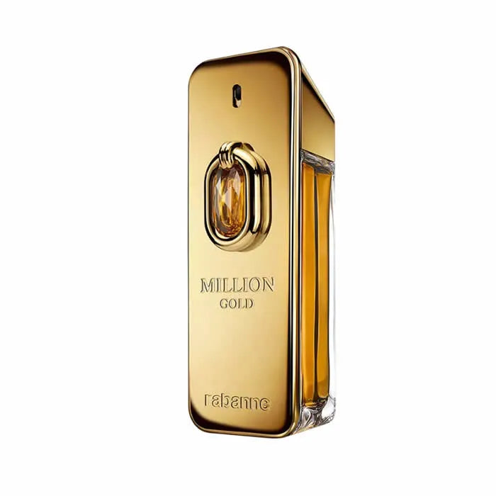 Paco Rabanne Million Gold Elixir perfume spray bottle with gold accents, 200ml, displayed on a sleek surface.