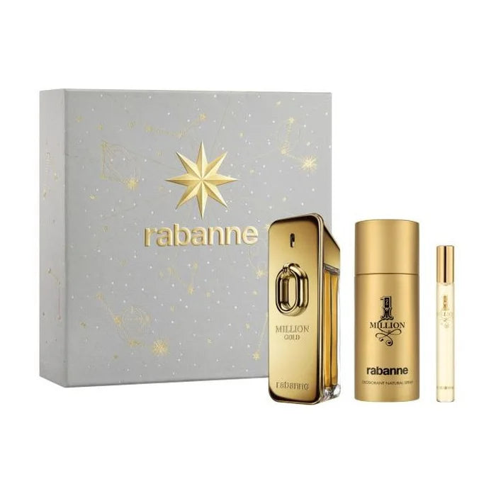 Rabanne Million Gold Eau de Parfum Intense spray, 100ml set with three pieces, featuring luxurious gold packaging and elegant design.