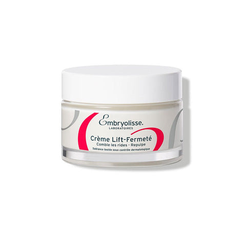 Embryolisse Creme Lift Fermete 50ml jar with smooth, white cream inside and a minimalist label, displayed on a neutral background.