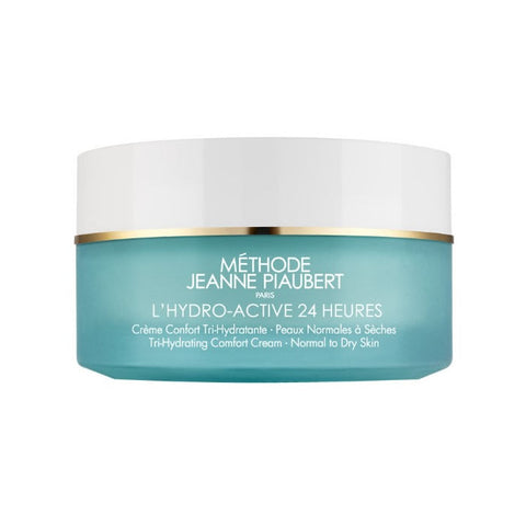 Jeanne Piaubert L'Hydro-Active 24h tri-hydrating comfort cream jar, 50ml, with smooth, creamy texture and hydration labels.