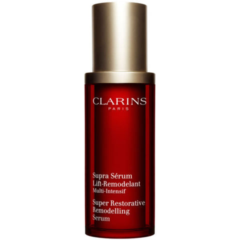Clarins Super Restorative Remodelling Serum 30ml bottle, featuring sleek packaging with a white and silver design.