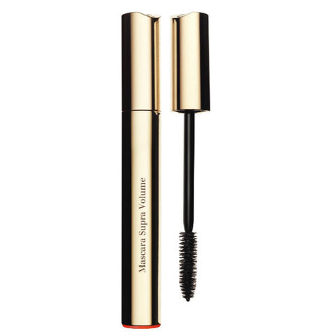 Close-up of Clarins Supra Volume Mascara 01 Intense Black with a sleek black tube, showcasing the product's elegant packaging.