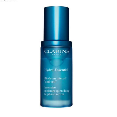 Clarins Hydra-Essentiel Bi-phase Serum for normal to dry skin in 30ml bottle, shown in a sleek, clear container.