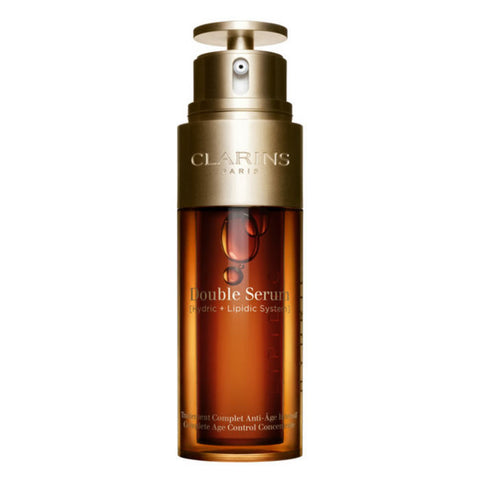 Jag Couture London New York Clarins Double Serum Complete Age Control Concentrate 50ml bottle with pump and clear label.