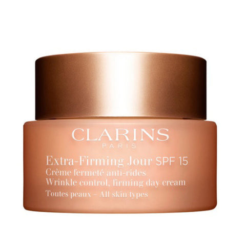 Clarins Extra-Firming Day Cream for all skin types with SPF 15 in 50ml jar, shown with its packaging.