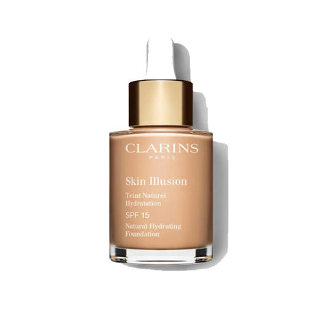 Clarins Skin Illusion Hydrating Foundation SPF 15 in shade 108.3 Organza, 30ml, displayed in a sleek bottle.