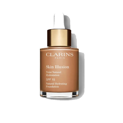 Clarins Skin Illusion Natural Hydrating Foundation SPF 15 in shade 113 Chestnut, 30ml, with a sleek foundation bottle.