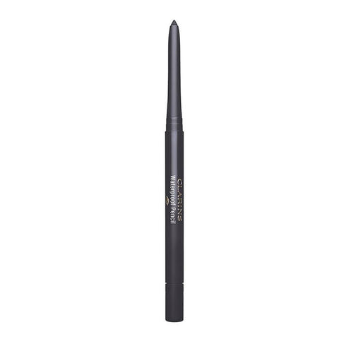 Waterproof eye pencil in smoked wood shade by Clarins, featuring a sleek black and brown design with sharp tip for precise application.