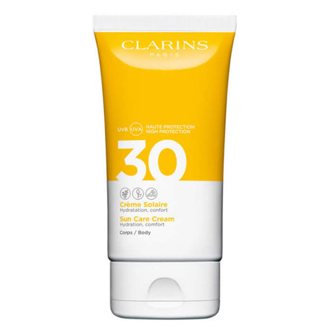 Jag Couture London New York Clarins Sun Care SPF 30 body cream in 150ml container, suitable for sun protection.