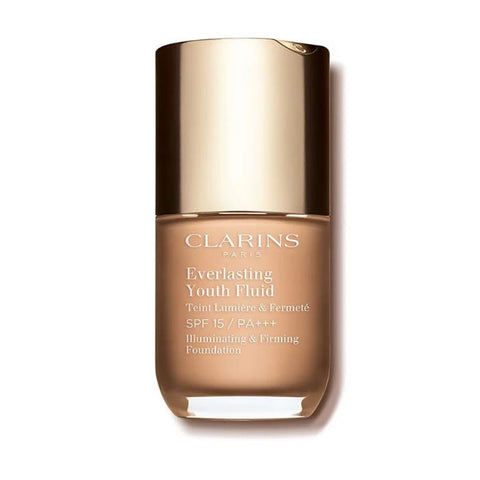 Clarins Everlasting Youth Fluid Foundation SPF15 in shade 108.3 Organza, 30ml, with a sleek bottle and applicator.