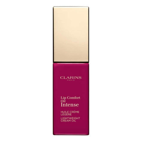 Clarins Lip Comfort Oil Intense 02 Intense Plum in a sleek tube, featuring a rich plum shade with a glossy finish.