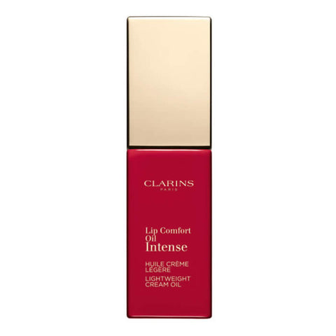 Clarins Lip Comfort Oil Intense 07 Intense Red on lips, showcasing glossy red lip color and smooth finish.
