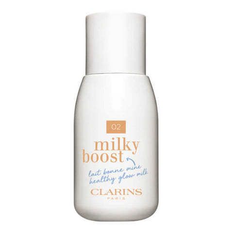 Clarins Milky Boost 02 Milky Nude 50ml, a skincare product with a milky texture, displayed in a sleek bottle.