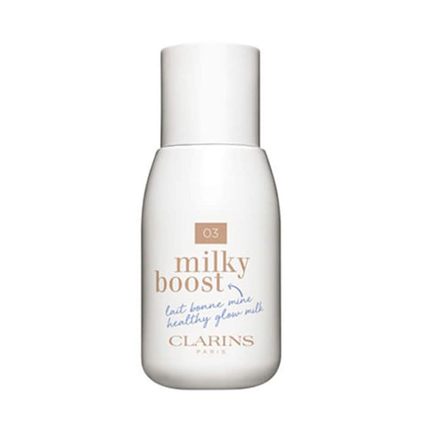 Clarins Milky Boost 03 Milky Cashew 50ml skincare product in a white bottle with a pump dispenser, displayed on a neutral background.