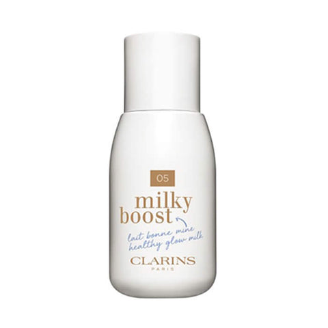 Clarins Milky Boost 05 Milky Sandalwood 50ml bottle displayed, showcasing the skincare product with minimalist packaging.