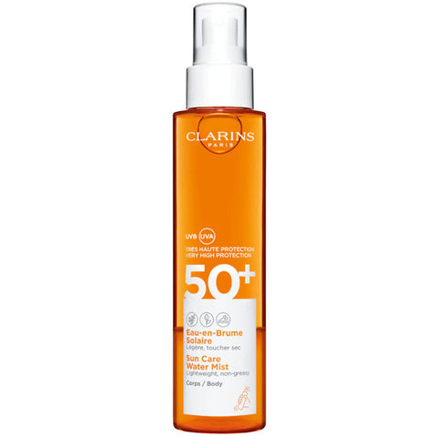 Clarins Sun Care Water Mist SPF50+ in 150ml bottle, lightweight sun protection spray, with a clear, refreshing mist appearance.