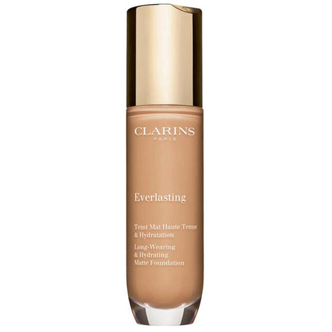 Clarins Everlasting Foundation 108W Sand in 30ml bottle, showcasing smooth texture and natural beige shade with a pump dispenser.