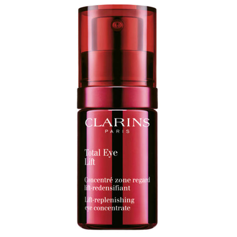 Clarins Total Eye Lift cream in a 15ml jar, featuring a sleek design and the product label visible in the image.