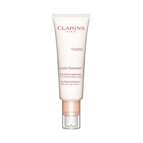 Clarins Calm-Essentiel Soothing Emulsion 50ml bottle, lightweight skincare product with a clear pump dispenser, on a neutral background