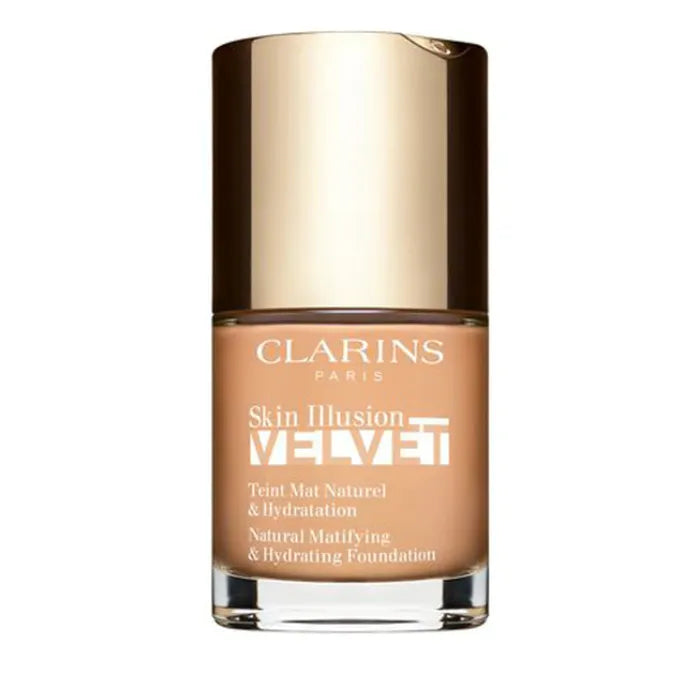Clarins Skin Illusion Velvet 107C foundation bottle, 30ml, with a sleek design, displayed on a neutral background.