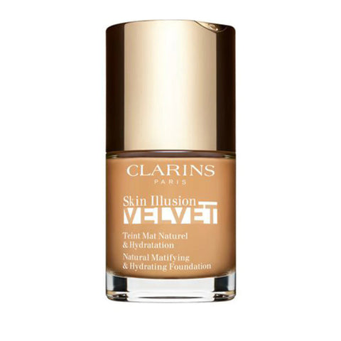 Clarins Skin Illusion Velvet foundation in shade 112.3N, 30ml bottle, with a sleek pump and minimalistic design.