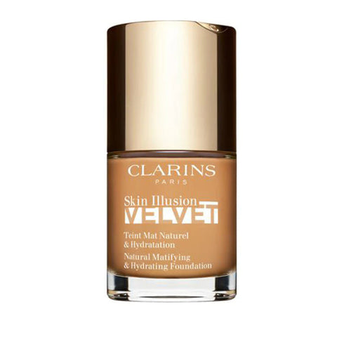 Clarins Skin Illusion Velvet foundation in shade 112.5W, 30ml bottle, with sleek packaging and product details visible.