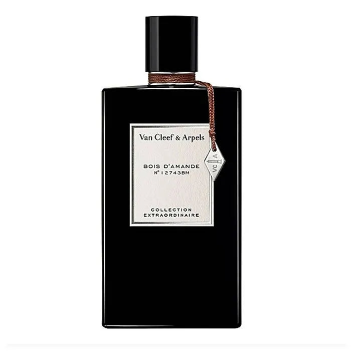 Van Cleef & Arpels Bois D'Amande perfume spray bottle, 75ml, elegant glass design with a decorative cap and botanical-inspired label.