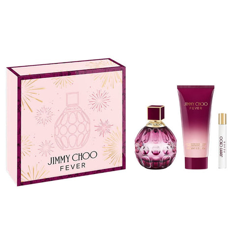 Jimmy Choo Fever Eau De Perfume spray set with three 100ml bottles, featuring elegant packaging and luxurious fragrance.