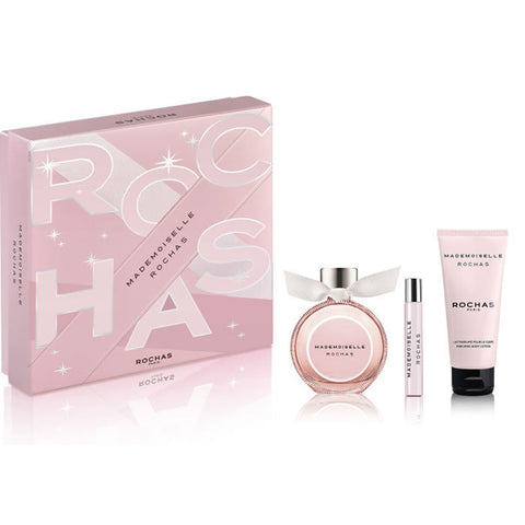 Set of three Rochas Mademoiselle Eau De Parfum spray bottles, 90ml each, displayed together in the image.