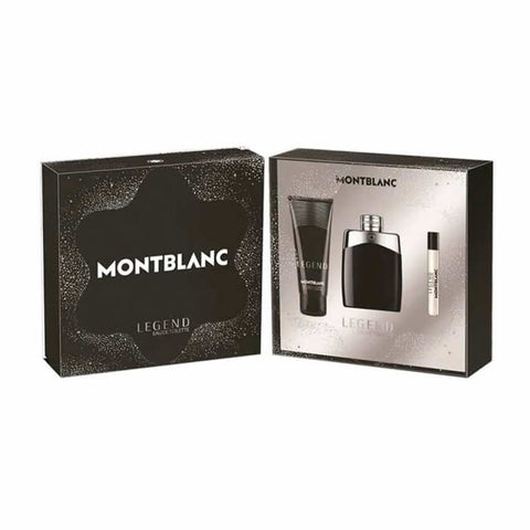 Montblanc Legend Eau De Toilette spray 100ml set with three pieces, featuring sleek bottles and elegant packaging.