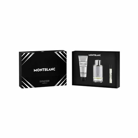 Montblanc Explorer Platinum perfume set with three 100ml spray bottles, elegant packaging, and sleek design.