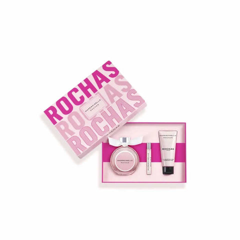 Set of three Rochas Mademoiselle Eau De Parfum sprays, 90ml each, featuring elegant bottles with floral and sophisticated design.