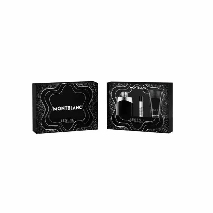 Montblanc Legend Eau De Toilette spray 100ml set with 3 pieces, featuring sleek bottles and elegant packaging.