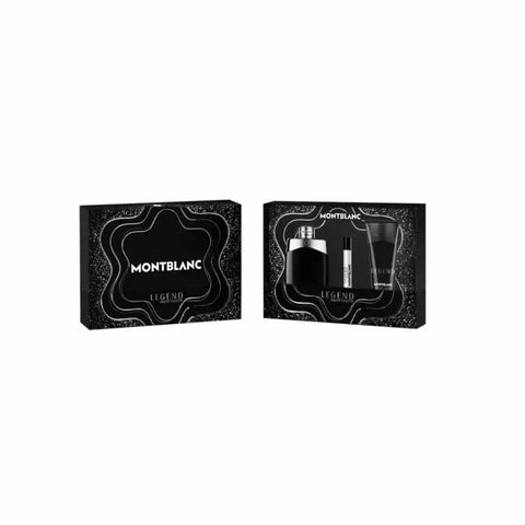 Montblanc Legend Eau De Toilette spray 100ml set with 3 pieces, featuring sleek bottles and elegant packaging.