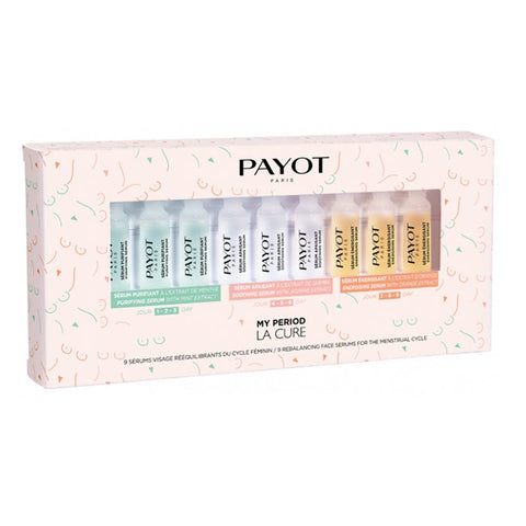 Jag Couture London New York Payot My Period La Cure 9x1.5ml skincare vials, clear glass bottles with white caps and labels.