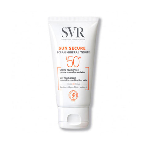 Jag Couture London Sun Secure Écran Mineral Teinté SPF50+ 50ml sunscreen in a white tube with a blue cap.