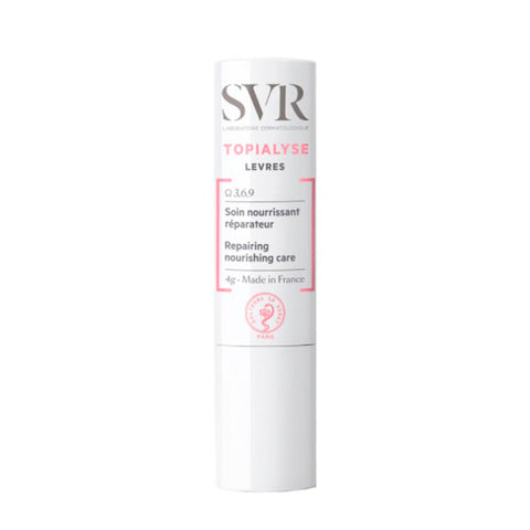 Jag Couture London New York SVR Topialyse Lip Care 4g tube, moisturizing lip balm with smooth texture and protective packaging.