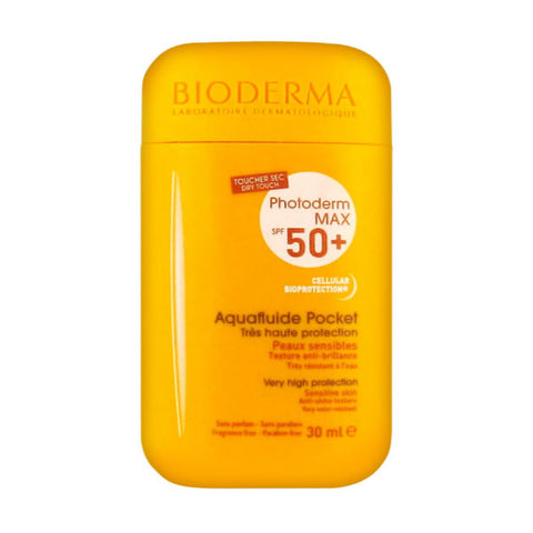 Bioderma Photoderm Max SPF 50 Sensitive Skin Aquafluide pocket-sized sunscreen in a sleek tube.