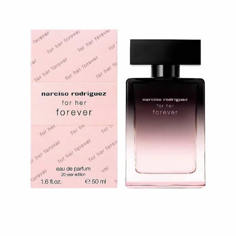 Narciso Rodriguez For Her Forever Eau De Parfum 50ml bottle, floral and musky fragrance, elegant glass design, on a neutral background.