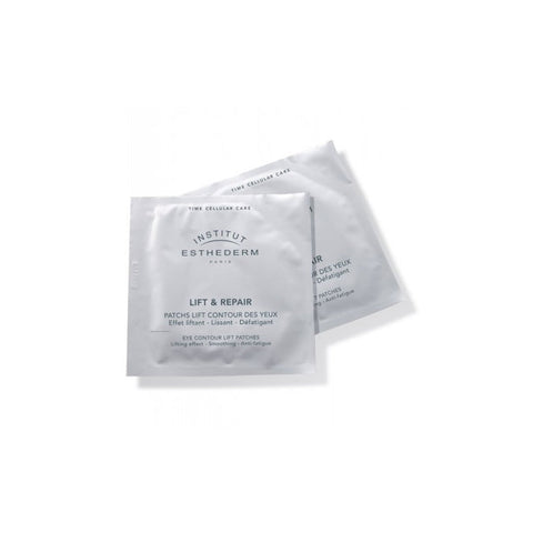 Institut Esthederm Lift and Repair Eye Contour Lift Patches in 10x3ml sachets, designed to reduce puffiness and fine lines.