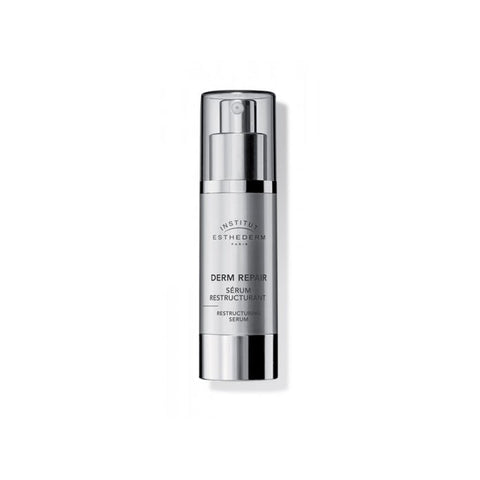 Institut Esthederm Derm Repair Restructuring Serum in a 30ml bottle, featuring a sleek design with a dropper applicator.