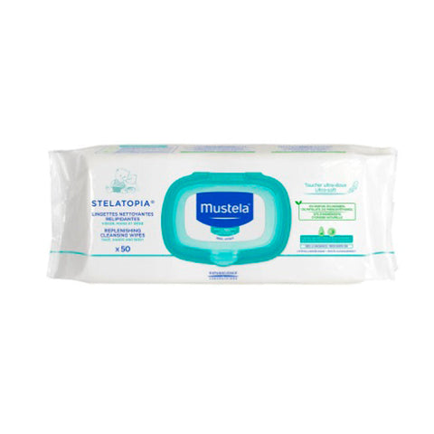 Mustela Stelatopia Replenishing Cleansing Wipes in a package of 50, ideal for gentle skin cleansing, displayed in the image.