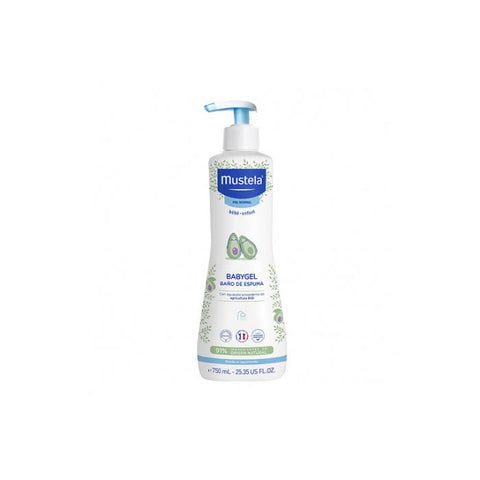 Mustela Babygel Bubble Bath in 750ml bottle, gentle baby bath product with soft, foaming bubbles, designed for delicate skin.