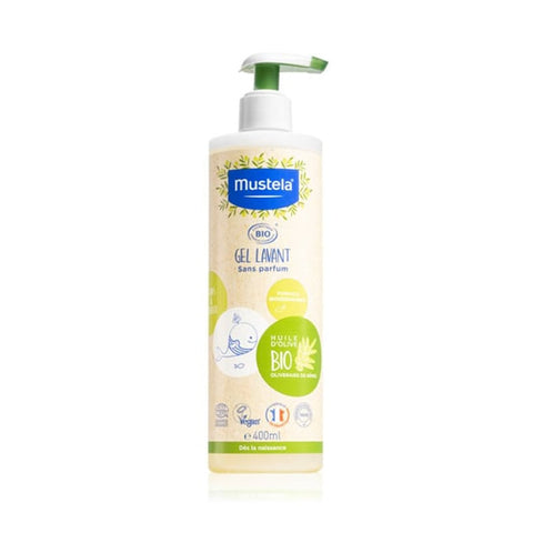 Mustela Organic Shampoo Gel with Dispenser in 400ml bottle, featuring gentle formula for baby's hair and scalp.