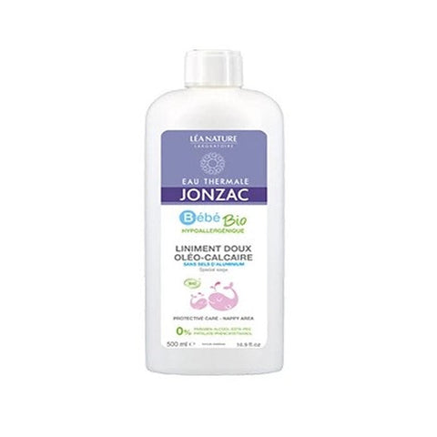 Jonzac Bébé Bio Gentle Oleo-Calcareous 500ml bottle with soft label and pump dispenser, designed for gentle baby skincare.